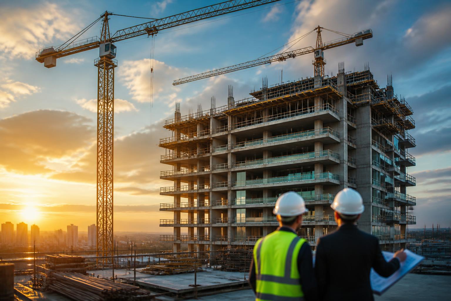 Obra de edifício residencial de construtora com guindastes ao pôr do sol