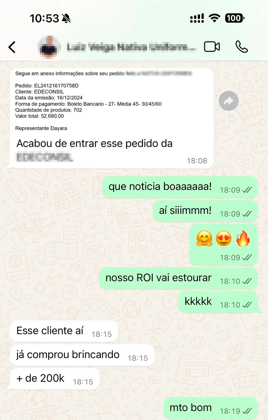 Depoimento WhatsApp - Pedido de R$ 52.680